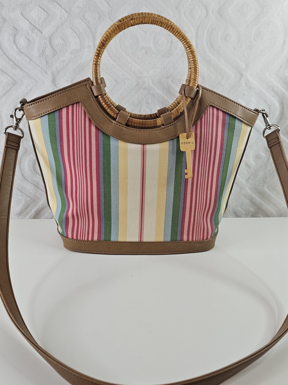 Fossil Multicolor Striped Canvas Tote with Brown Trim